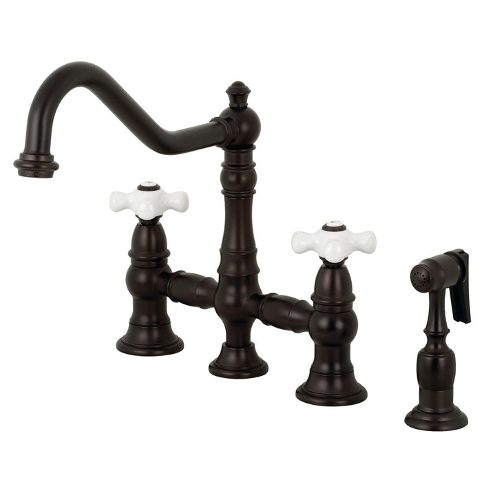 Kingston Heirloom KS3275PXBS - Restoration Two-Handle 4-Hole Deck Mount Bridge Kitchen Faucet with Brass Sprayer, Oil Rubbed Bronze