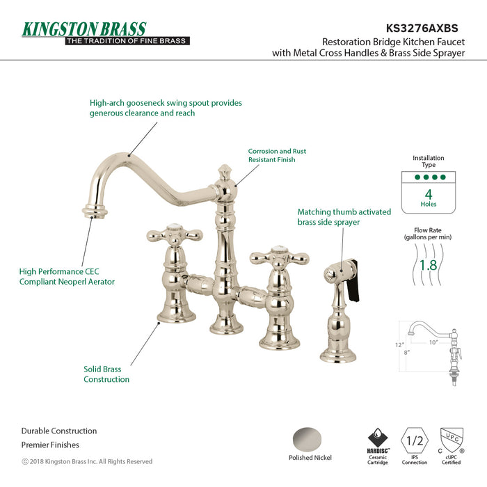 Kingston Heirloom KS3276AXBS - Restoration Two-Handle 4-Hole Deck Mount Bridge Kitchen Faucet with Brass Sprayer, Polished Nickel