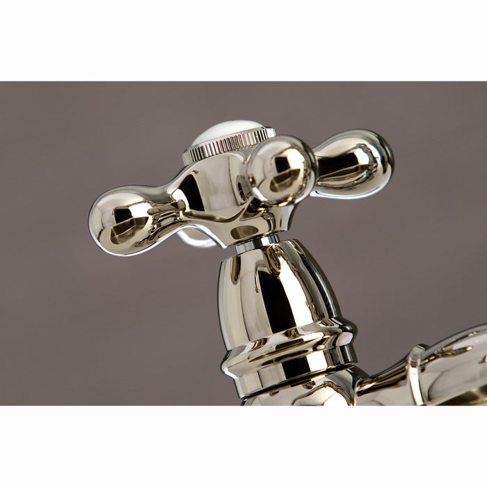 Kingston Heirloom KS3276AXBS - Restoration Two-Handle 4-Hole Deck Mount Bridge Kitchen Faucet with Brass Sprayer, Polished Nickel