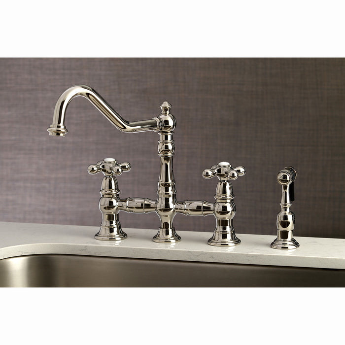 Kingston Heirloom KS3276AXBS - Restoration Two-Handle 4-Hole Deck Mount Bridge Kitchen Faucet with Brass Sprayer, Polished Nickel