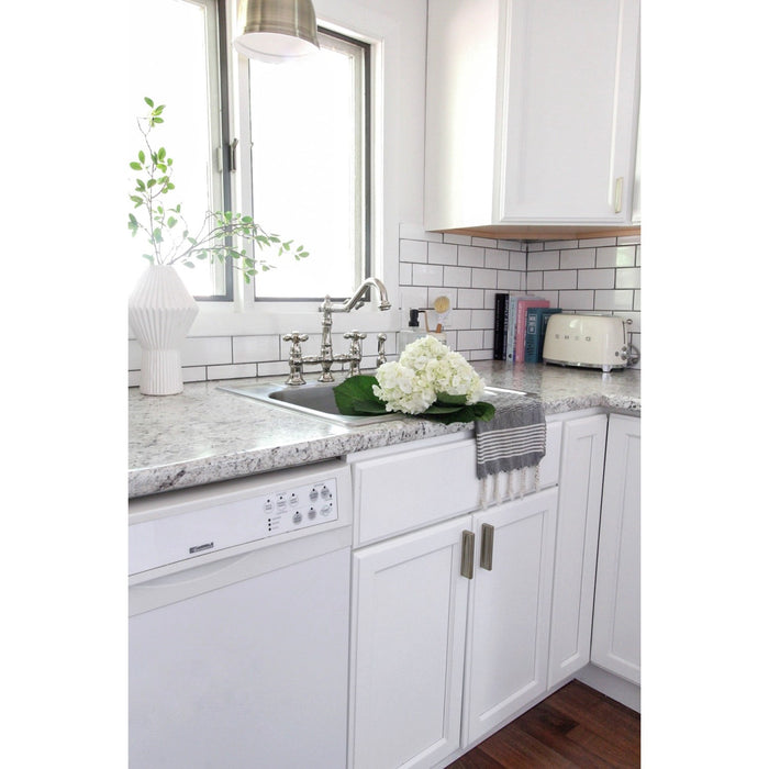 Kingston Heirloom KS3276AXBS - Restoration Two-Handle 4-Hole Deck Mount Bridge Kitchen Faucet with Brass Sprayer, Polished Nickel