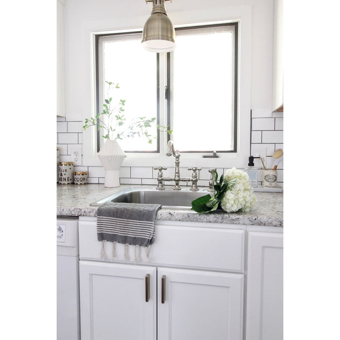 Kingston Heirloom KS3276AXBS - Restoration Two-Handle 4-Hole Deck Mount Bridge Kitchen Faucet with Brass Sprayer, Polished Nickel