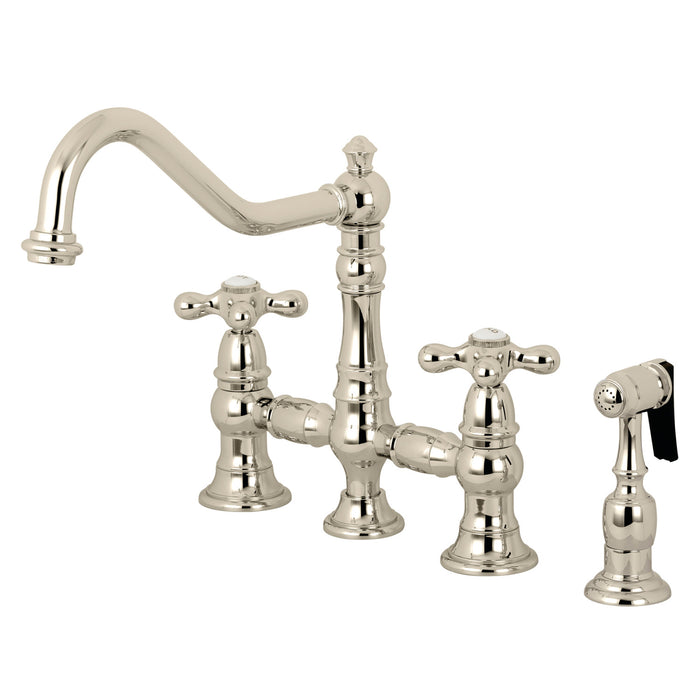 Kingston Heirloom KS3276AXBS - Restoration Two-Handle 4-Hole Deck Mount Bridge Kitchen Faucet with Brass Sprayer, Polished Nickel