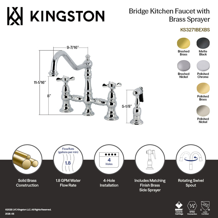 Kingston Heirloom KS3276BEXBS - Essex Two-Handle 4-Hole Deck Mount Bridge Kitchen Faucet with Brass Sprayer, Polished Nickel