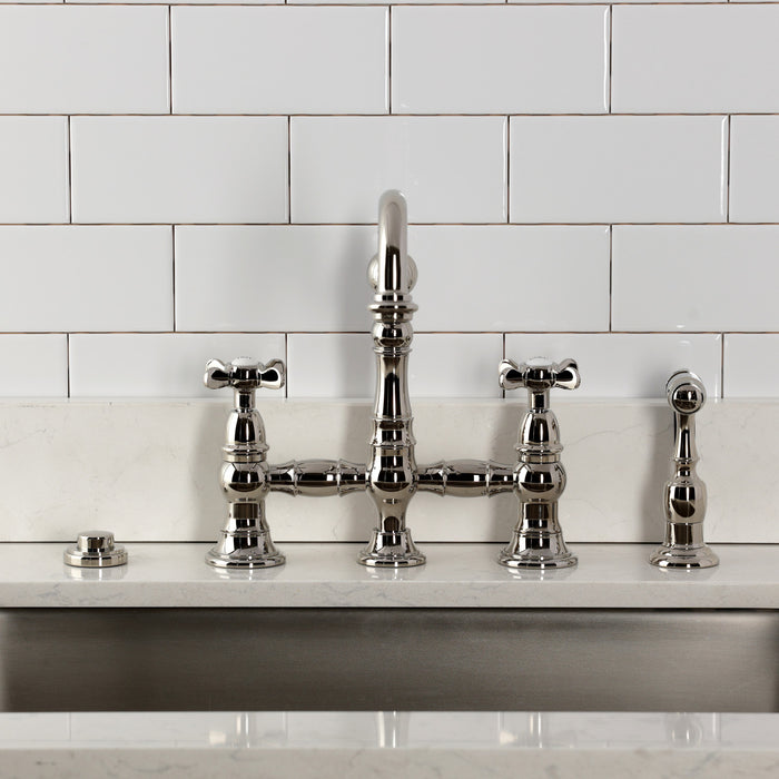 Kingston Heirloom KS3276BEXBS - Essex Two-Handle 4-Hole Deck Mount Bridge Kitchen Faucet with Brass Sprayer, Polished Nickel
