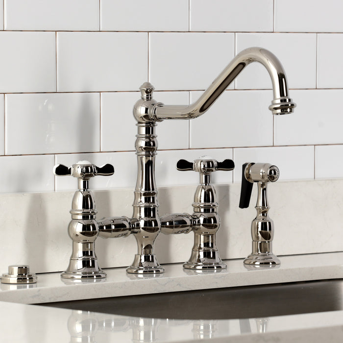 Kingston Heirloom KS3276BEXBS - Essex Two-Handle 4-Hole Deck Mount Bridge Kitchen Faucet with Brass Sprayer, Polished Nickel