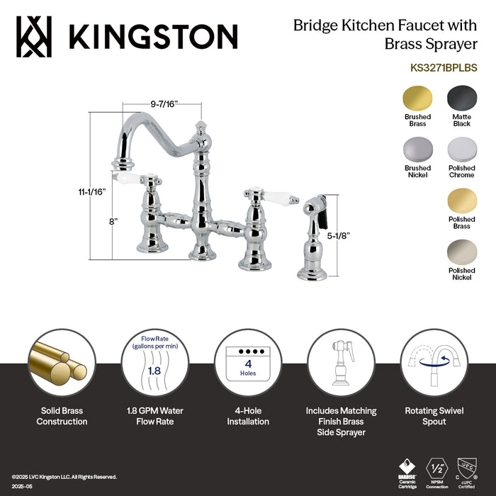 Kingston Heirloom KS3276BPLBS - Bel-Air Two-Handle 4-Hole Deck Mount Bridge Kitchen Faucet with Brass Sprayer, Polished Nickel