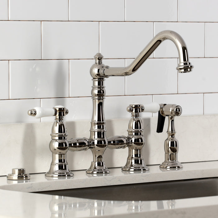 Kingston Heirloom KS3276BPLBS - Bel-Air Two-Handle 4-Hole Deck Mount Bridge Kitchen Faucet with Brass Sprayer, Polished Nickel