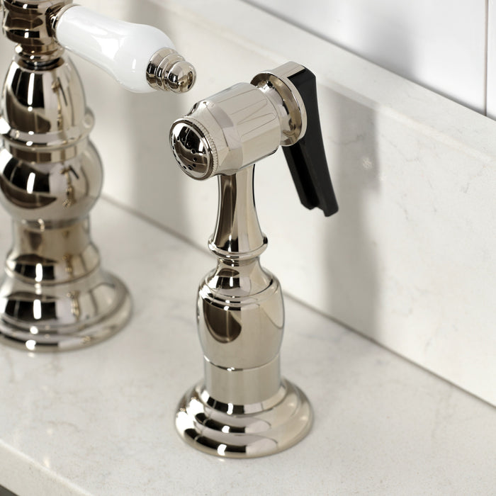 Kingston Heirloom KS3276BPLBS - Bel-Air Two-Handle 4-Hole Deck Mount Bridge Kitchen Faucet with Brass Sprayer, Polished Nickel