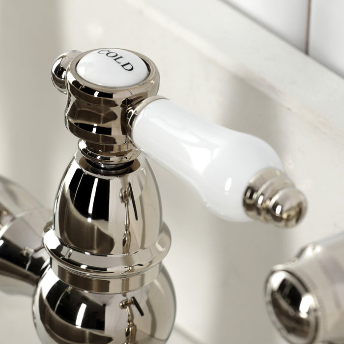Kingston Heirloom KS3276BPLBS - Bel-Air Two-Handle 4-Hole Deck Mount Bridge Kitchen Faucet with Brass Sprayer, Polished Nickel