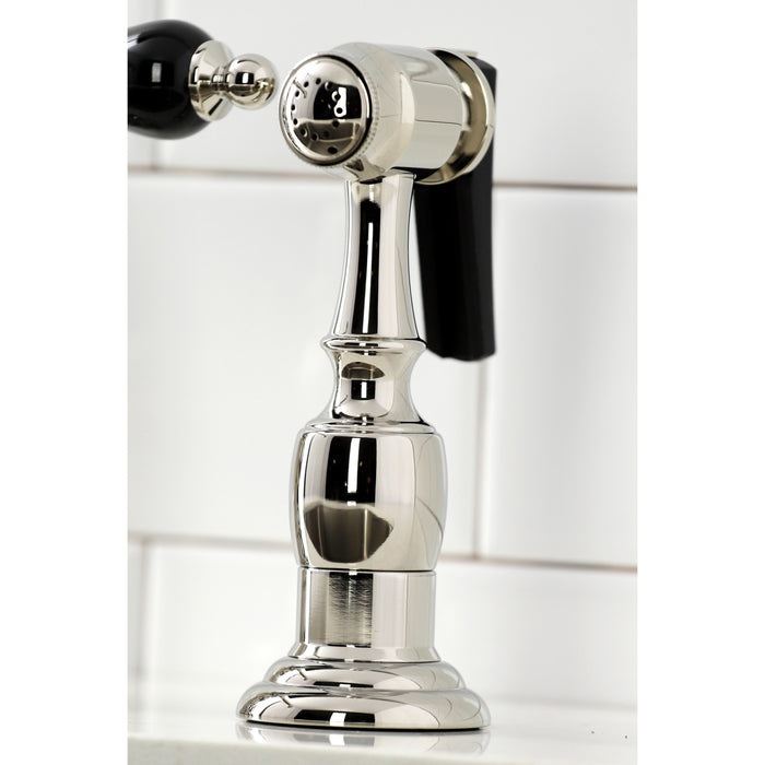 Kingston Heirloom KS3276PKLBS - Duchess Two-Handle 4-Hole Deck Mount Bridge Kitchen Faucet with Brass Sprayer, Polished Nickel