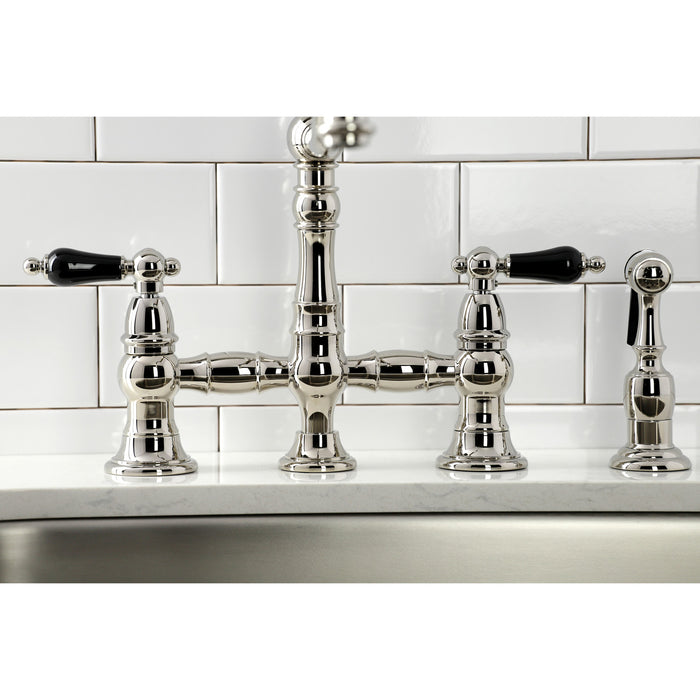 Kingston Heirloom KS3276PKLBS - Duchess Two-Handle 4-Hole Deck Mount Bridge Kitchen Faucet with Brass Sprayer, Polished Nickel