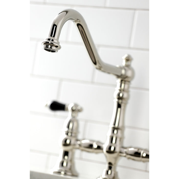 Kingston Heirloom KS3276PKLBS - Duchess Two-Handle 4-Hole Deck Mount Bridge Kitchen Faucet with Brass Sprayer, Polished Nickel