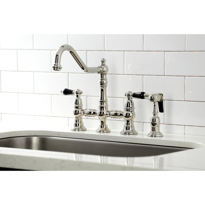 Kingston Heirloom KS3276PKLBS - Duchess Two-Handle 4-Hole Deck Mount Bridge Kitchen Faucet with Brass Sprayer, Polished Nickel