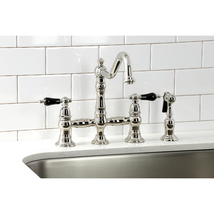 Kingston Heirloom KS3276PKLBS - Duchess Two-Handle 4-Hole Deck Mount Bridge Kitchen Faucet with Brass Sprayer, Polished Nickel