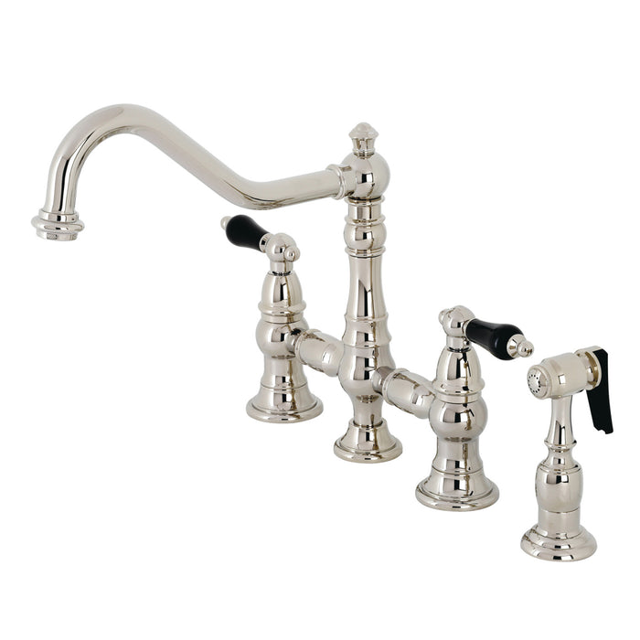 Kingston Heirloom KS3276PKLBS - Duchess Two-Handle 4-Hole Deck Mount Bridge Kitchen Faucet with Brass Sprayer, Polished Nickel