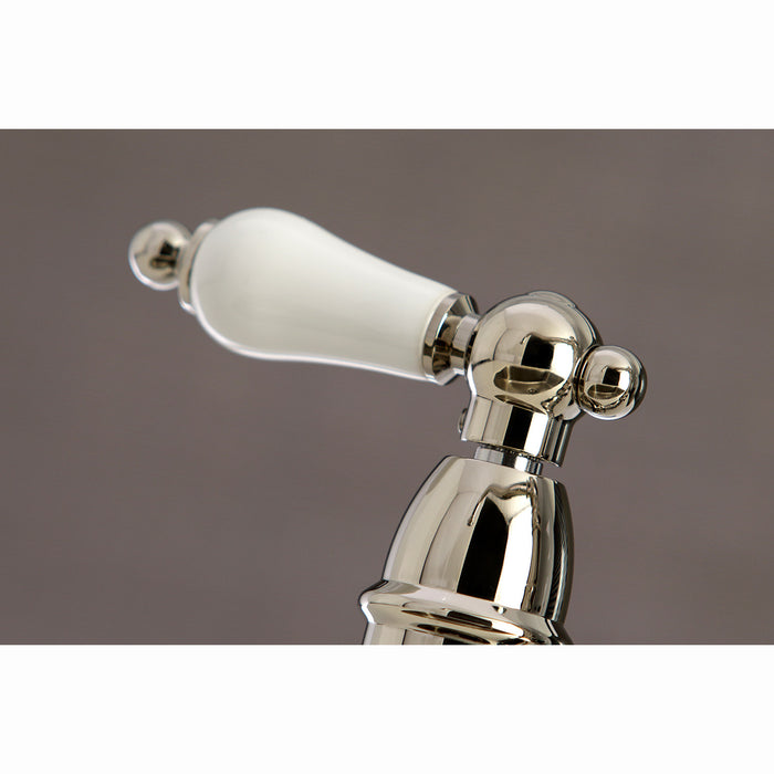 Kingston Heirloom KS3276PLBS - Restoration Two-Handle 4-Hole Deck Mount Bridge Kitchen Faucet with Brass Sprayer, Polished Nickel