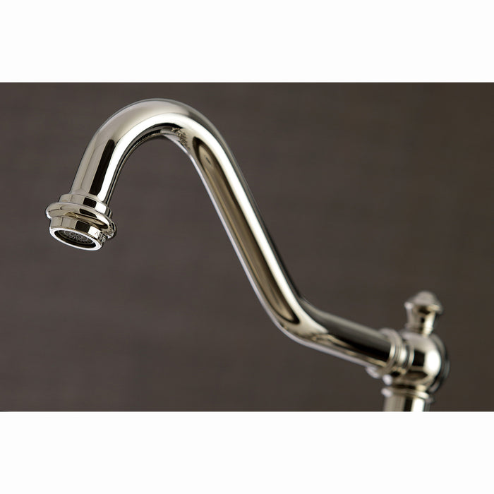 Kingston Heirloom KS3276PLBS - Restoration Two-Handle 4-Hole Deck Mount Bridge Kitchen Faucet with Brass Sprayer, Polished Nickel