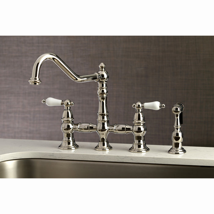 Kingston Heirloom KS3276PLBS - Restoration Two-Handle 4-Hole Deck Mount Bridge Kitchen Faucet with Brass Sprayer, Polished Nickel