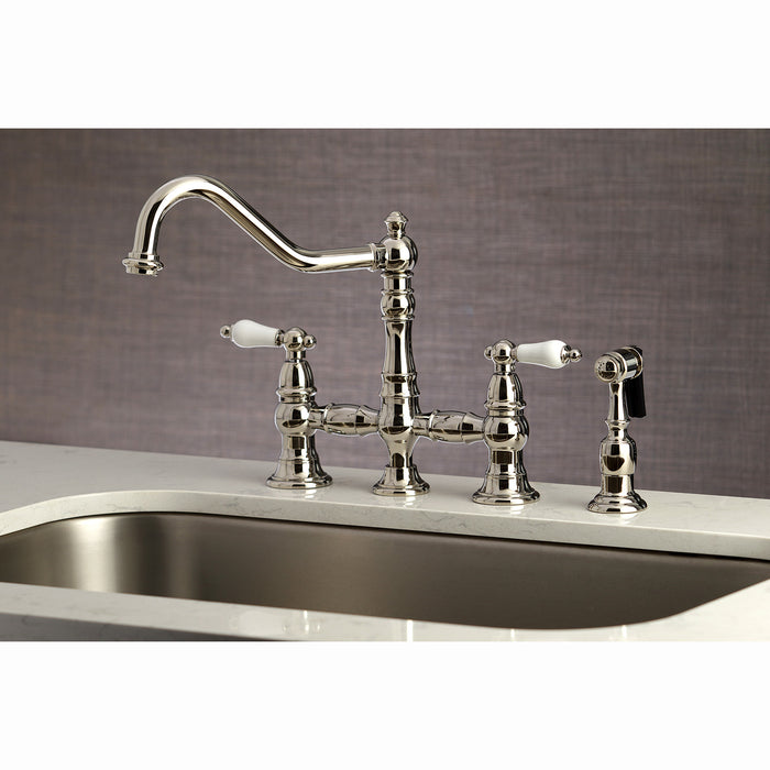 Kingston Heirloom KS3276PLBS - Restoration Two-Handle 4-Hole Deck Mount Bridge Kitchen Faucet with Brass Sprayer, Polished Nickel