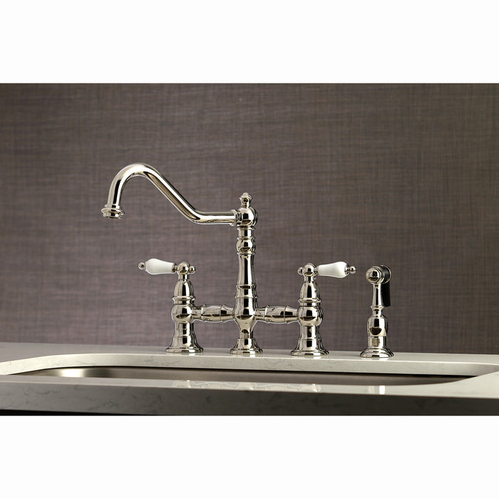 Kingston Heirloom KS3276PLBS - Restoration Two-Handle 4-Hole Deck Mount Bridge Kitchen Faucet with Brass Sprayer, Polished Nickel