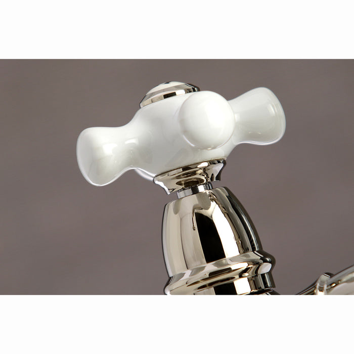 Kingston Heirloom KS3276PXBS - Restoration Two-Handle 4-Hole Deck Mount Bridge Kitchen Faucet with Brass Sprayer, Polished Nickel