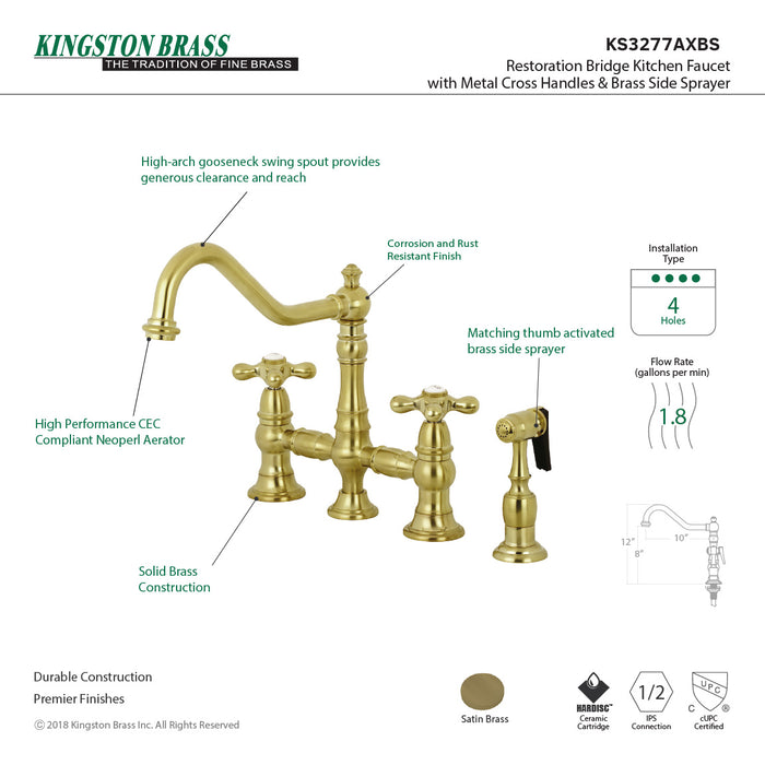 Kingston Heirloom KS3277AXBS - Restoration Two-Handle 4-Hole Deck Mount Bridge Kitchen Faucet with Brass Sprayer, Brushed Brass