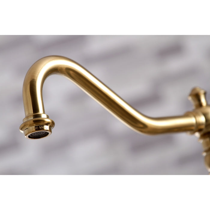 Kingston Heirloom KS3277AXBS - Restoration Two-Handle 4-Hole Deck Mount Bridge Kitchen Faucet with Brass Sprayer, Brushed Brass