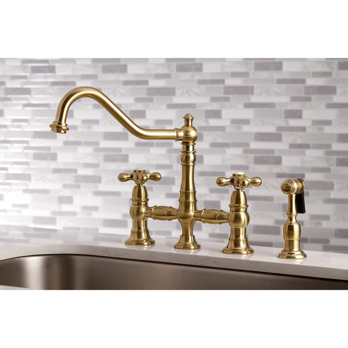 Kingston Heirloom KS3277AXBS - Restoration Two-Handle 4-Hole Deck Mount Bridge Kitchen Faucet with Brass Sprayer, Brushed Brass