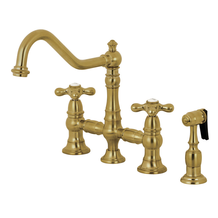 Kingston Heirloom KS3277AXBS - Restoration Two-Handle 4-Hole Deck Mount Bridge Kitchen Faucet with Brass Sprayer, Brushed Brass