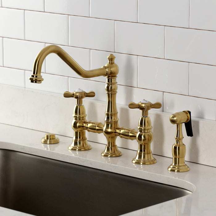 Kingston Heirloom KS3277BEXBS - Essex Two-Handle 4-Hole Deck Mount Bridge Kitchen Faucet with Brass Sprayer, Brushed Brass