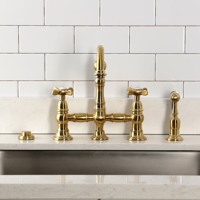 Kingston Heirloom KS3277BEXBS - Essex Two-Handle 4-Hole Deck Mount Bridge Kitchen Faucet with Brass Sprayer, Brushed Brass