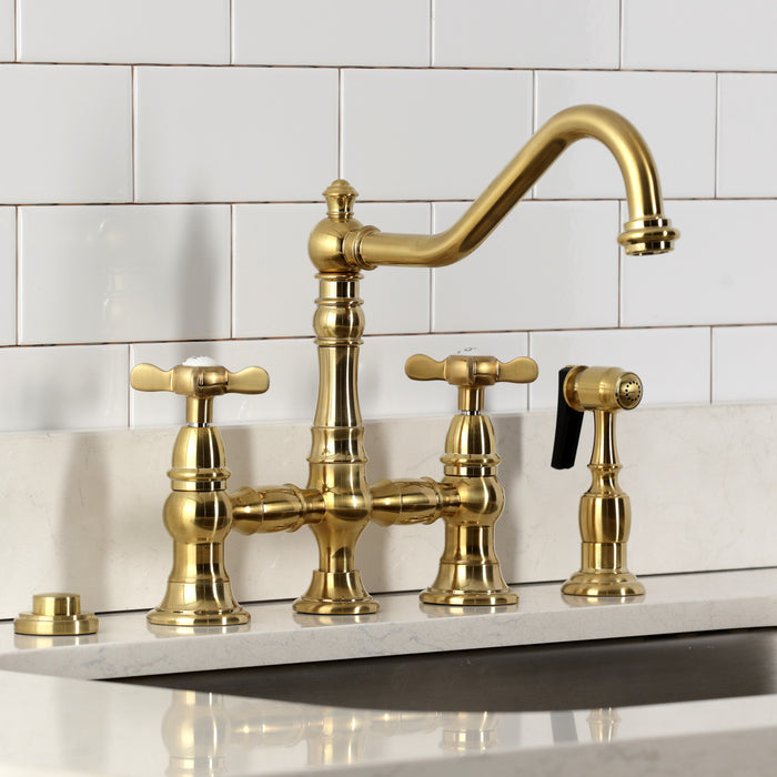 Kingston Heirloom KS3277BEXBS - Essex Two-Handle 4-Hole Deck Mount Bridge Kitchen Faucet with Brass Sprayer, Brushed Brass