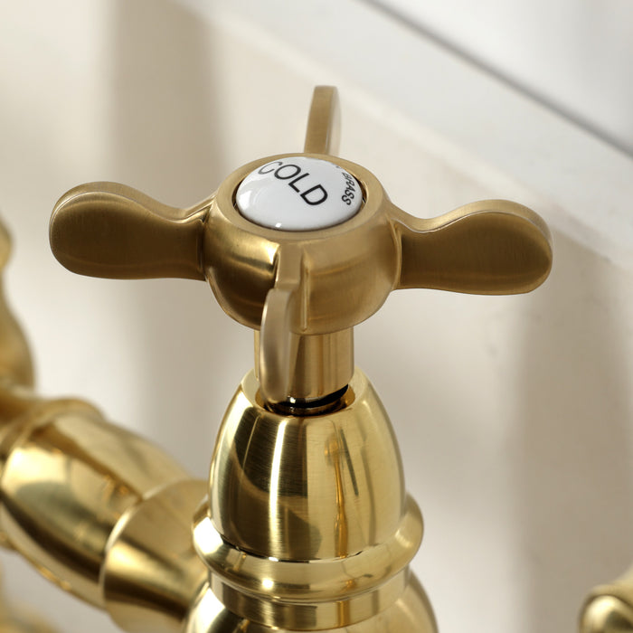 Kingston Heirloom KS3277BEXBS - Essex Two-Handle 4-Hole Deck Mount Bridge Kitchen Faucet with Brass Sprayer, Brushed Brass