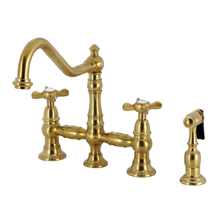 Kingston Heirloom KS3277BEXBS - Essex Two-Handle 4-Hole Deck Mount Bridge Kitchen Faucet with Brass Sprayer, Brushed Brass