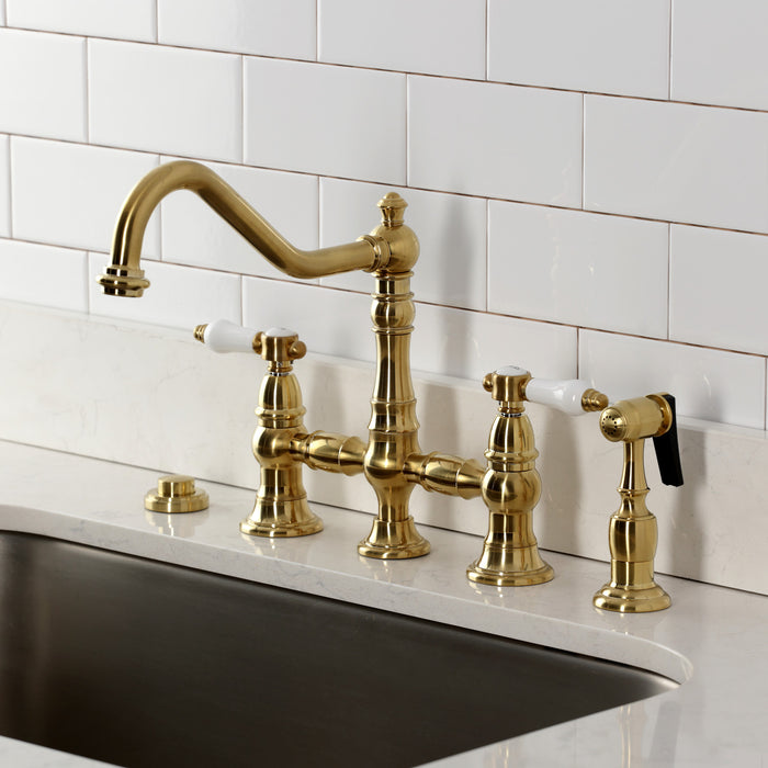 Kingston Heirloom KS3277BPLBS - Bel-Air Two-Handle 4-Hole Deck Mount Bridge Kitchen Faucet with Brass Sprayer, Brushed Brass