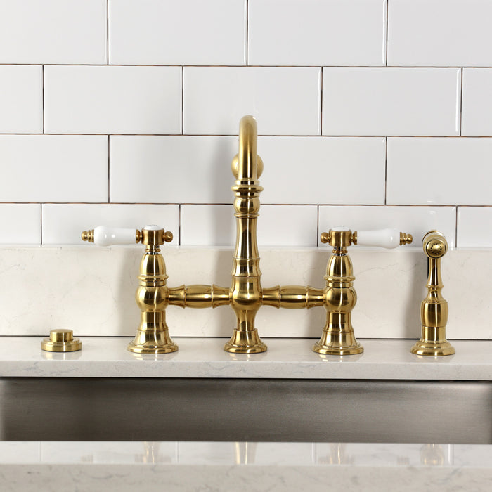 Kingston Heirloom KS3277BPLBS - Bel-Air Two-Handle 4-Hole Deck Mount Bridge Kitchen Faucet with Brass Sprayer, Brushed Brass