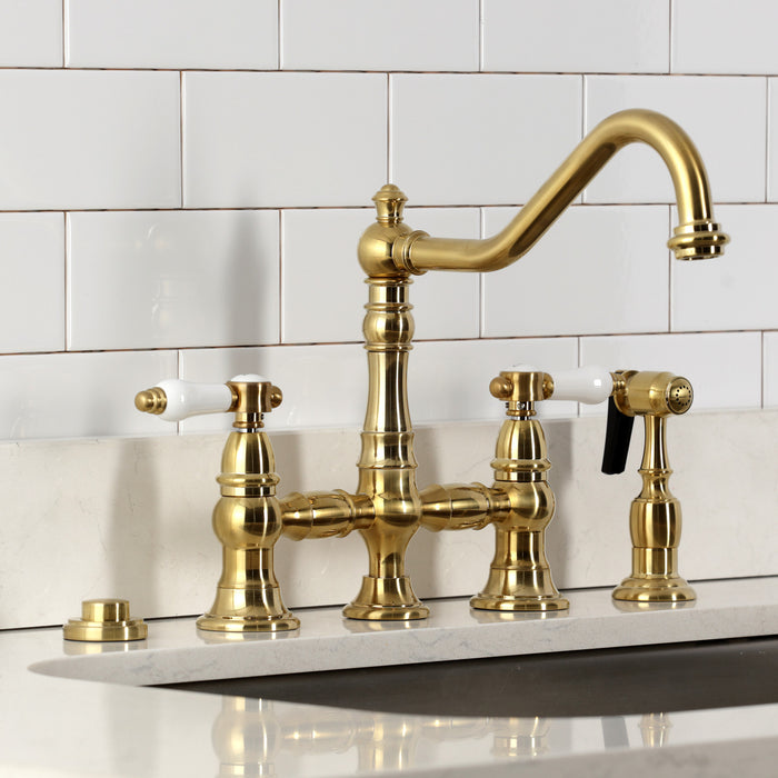 Kingston Heirloom KS3277BPLBS - Bel-Air Two-Handle 4-Hole Deck Mount Bridge Kitchen Faucet with Brass Sprayer, Brushed Brass