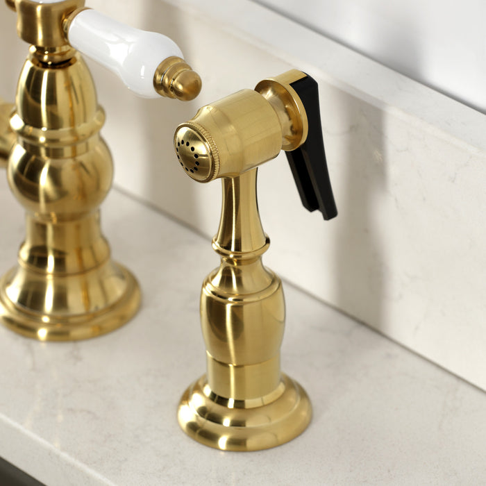Kingston Heirloom KS3277BPLBS - Bel-Air Two-Handle 4-Hole Deck Mount Bridge Kitchen Faucet with Brass Sprayer, Brushed Brass