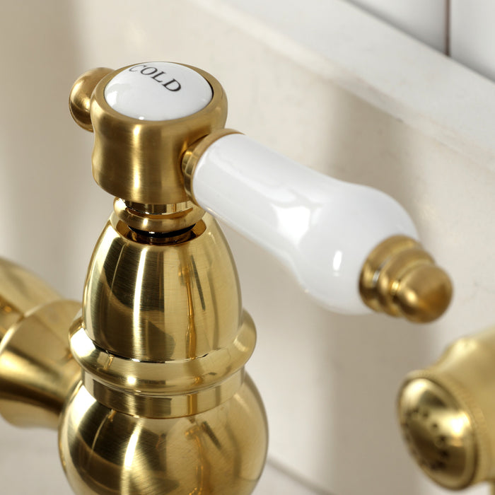 Kingston Heirloom KS3277BPLBS - Bel-Air Two-Handle 4-Hole Deck Mount Bridge Kitchen Faucet with Brass Sprayer, Brushed Brass