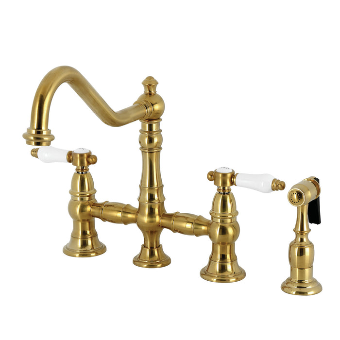 Kingston Heirloom KS3277BPLBS - Bel-Air Two-Handle 4-Hole Deck Mount Bridge Kitchen Faucet with Brass Sprayer, Brushed Brass