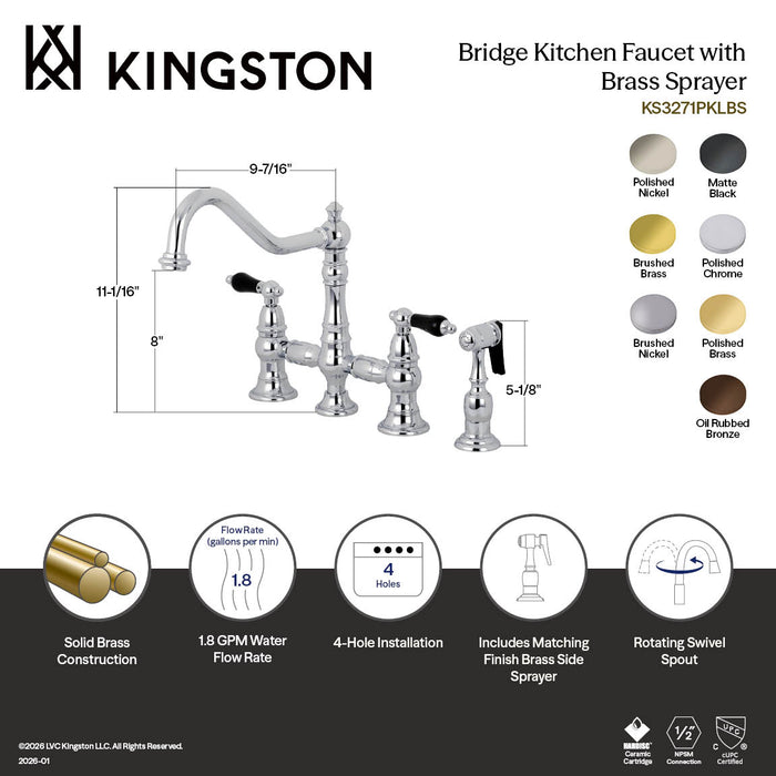 Kingston Heirloom KS3277PKLBS - Duchess Two-Handle 4-Hole Deck Mount Bridge Kitchen Faucet with Brass Sprayer, Brushed Brass
