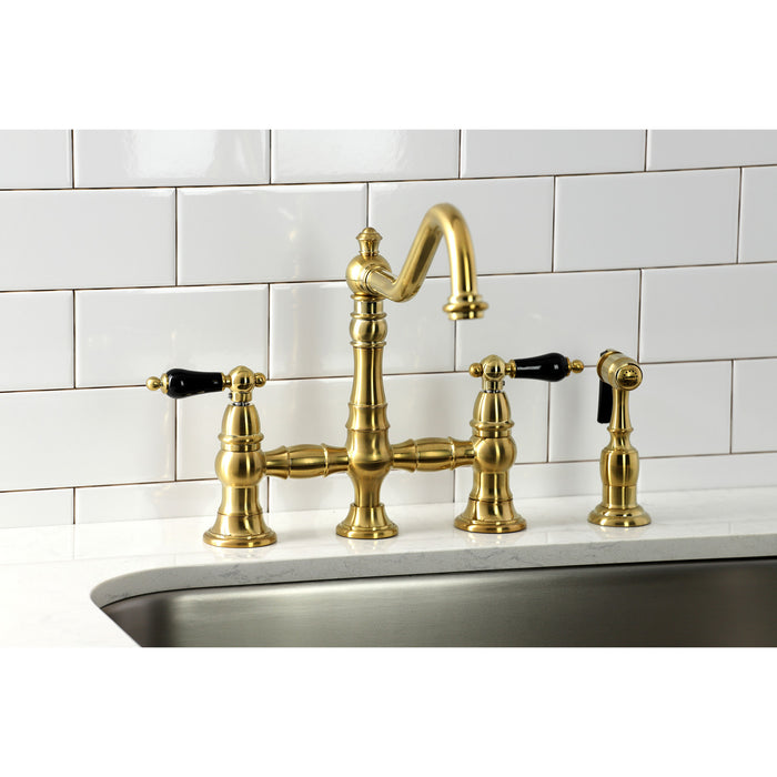 Duchess KS3277PKLBS Two-Handle 4-Hole Deck Mount Bridge Kitchen Faucet with Brass Sprayer, Brushed Brass