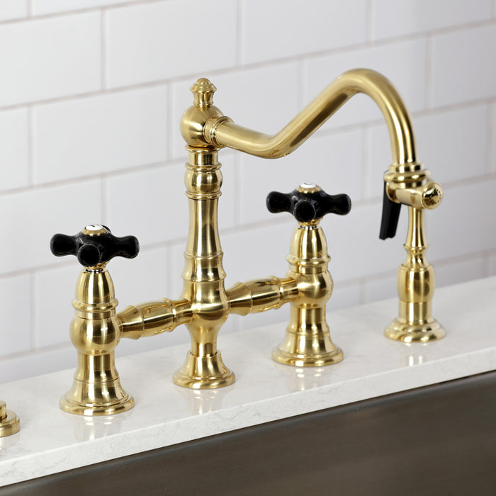 Kingston Heirloom KS3277PKXBS - Duchess Two-Handle 4-Hole Deck Mount Bridge Kitchen Faucet with Brass Sprayer, Brushed Brass
