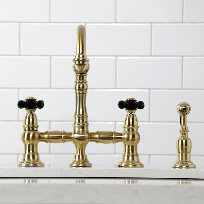 Kingston Heirloom KS3277PKXBS - Duchess Two-Handle 4-Hole Deck Mount Bridge Kitchen Faucet with Brass Sprayer, Brushed Brass