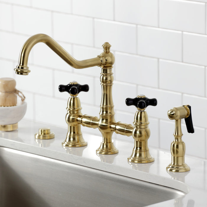 Kingston Heirloom KS3277PKXBS - Duchess Two-Handle 4-Hole Deck Mount Bridge Kitchen Faucet with Brass Sprayer, Brushed Brass