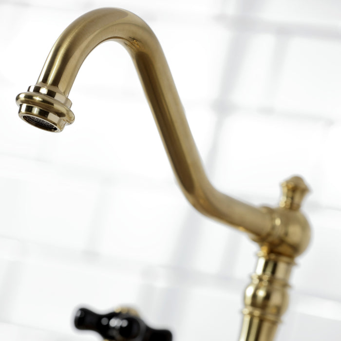 Kingston Heirloom KS3277PKXBS - Duchess Two-Handle 4-Hole Deck Mount Bridge Kitchen Faucet with Brass Sprayer, Brushed Brass