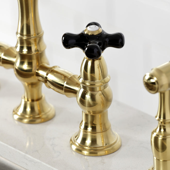 Kingston Heirloom KS3277PKXBS - Duchess Two-Handle 4-Hole Deck Mount Bridge Kitchen Faucet with Brass Sprayer, Brushed Brass