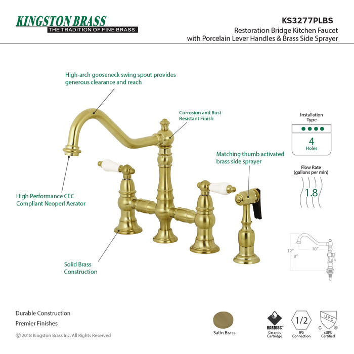 Kingston Heirloom KS3277PLBS - Restoration Two-Handle 4-Hole Deck Mount Bridge Kitchen Faucet with Brass Sprayer, Brushed Brass