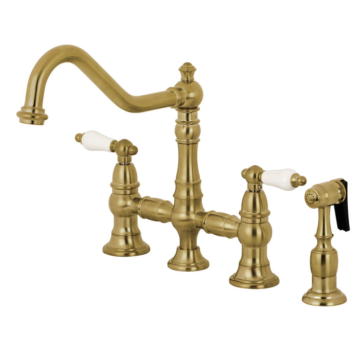 Kingston Heirloom KS3277PLBS - Restoration Two-Handle 4-Hole Deck Mount Bridge Kitchen Faucet with Brass Sprayer, Brushed Brass